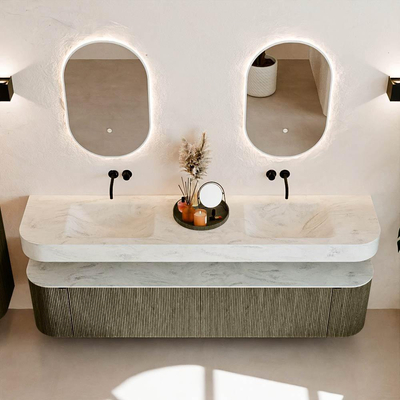 MONDIAZ THOR-DLUX 200cm meuble de salle de bains arrondi gauche + droite couleur Shadow avec 2 tiroirs et 2 portes. Vasque suspendue CLOUD Double sans trou de robinet couleur Opalo.