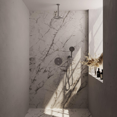 BRAUER Édition Brossée douche à effet pluie thermostatique encastrée - 3 voies - rond - ensemble 83 - douche principale de 20 cm - bras plafond - douchette à main 3 positions - flexible de douche - coude mural - inox brossé PVD