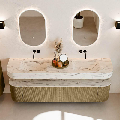 MONDIAZ THOR-DLUX Meuble de salle de bains - 190cm - arrondi gauche + droite - couleur Dusk - 2 tiroirs - 2 portes - Vasque suspendue CLOUD Double sans trou de robinet - couleur Nata