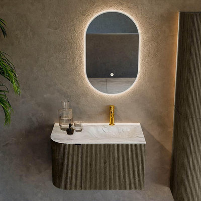 Mondiaz KURVE-DLUX Ensemble de meuble salle de bain - 75x46x40cm - 1 tiroir - 1 porte - lavabo en solid surface - droite - 1 trou de robinet - Shadow