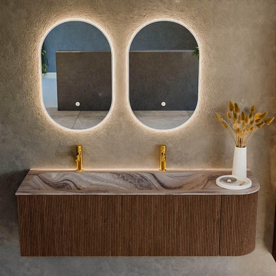 MONDIAZ KURVE-DLUX 145cm badmeubel ronding Rechts kleur Walnut met 1 lade en 1 deur. Wastafel BIG LARGE Links 2 kraangaten Sombra.