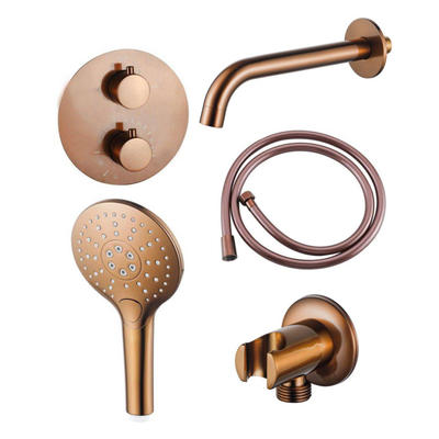 FugaFlow Eccelente Ensemble robinet de baignoire Acces - bec - 22cm raccourcissable - panneau de commande rond - flexible lisse - douchette ronde - corps encastré - support mural - cuivre brossé PVD