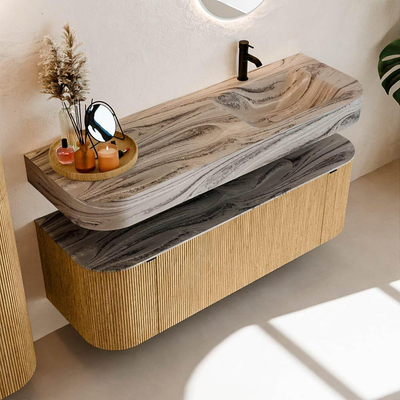 MONDIAZ THOR-DLUX 140cm badmeubel ronding links + rechts kleur Oak met 1 lade en 2 deuren. Vrijhangende wastafel CLOUD Rechts 1 kraangat kleur Sombra.