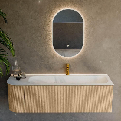 MONDIAZ KURVE 145cm Meuble salle de bain avec module 25 G - couleur Oak - 1 tiroir - 1 porte - vasque BIG LARGE droite - 1 trou de robinet - Talc