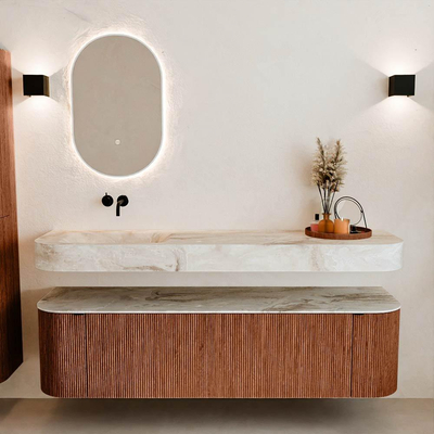 MONDIAZ THOR-DLUX 170cm meuble de salle de bains arrondi gauche + droite couleur Ruby avec 1 tiroir et 2 portes. Vasque suspendue CLOUD Gauche sans trou de robinet couleur Frappe.