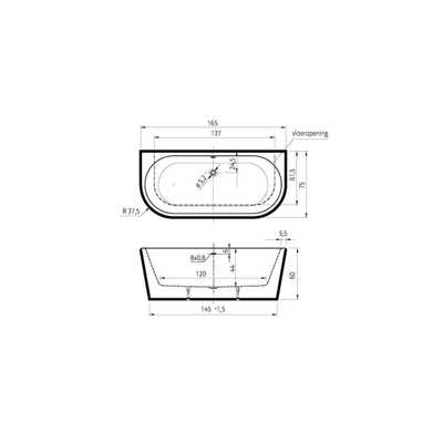 Xenz Charley half-vrijstaand bad - 165x76x58 - rond overloopgat - zonder afvoer - Acryl - wit glans