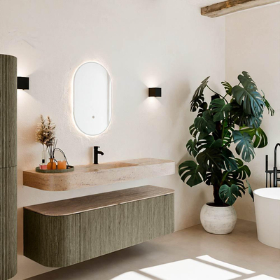 MONDIAZ THOR-DLUX 150cm meuble de salle de bains arrondi gauche + droite couleur Shadow avec 1 tiroir et 2 portes. Vasque suspendue CLOUD Milieu 1 trou de robinet couleur Saba.