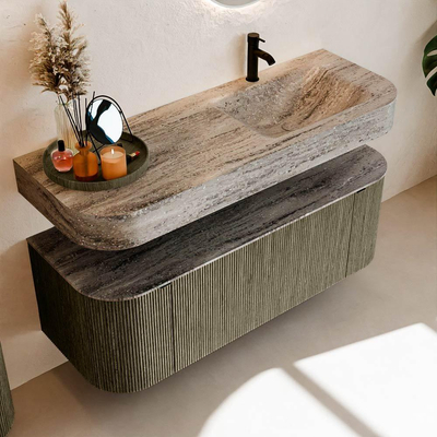 MONDIAZ THOR-DLUX 130cm meuble de salle de bains arrondi gauche + droite couleur Shadow avec 1 tiroir et 2 portes. Vasque suspendue CLOUD Droite 1 trou de robinet couleur Oza.