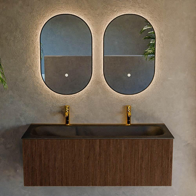 MONDIAZ KURVE 120cm badmeubel kleur Walnut met 1 lade. Wastafel BIG LARGE midden 2 kraangaten Urban.