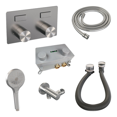BRAUER Stripe Thermostatische Badkraan - drukknoppen - SET 04 - inbouw - badvulcombinatie - 3-standen handdouche - doucheslang - wandaansluitbocht - RVS-kleurig geborsteld PVD