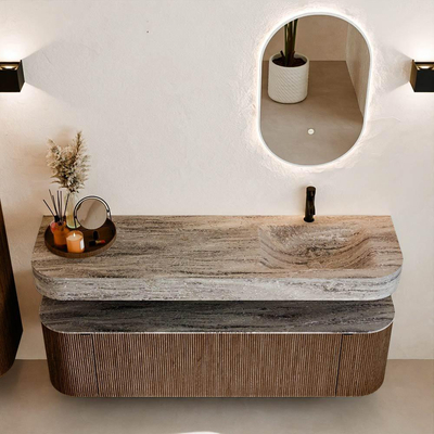 MONDIAZ THOR-DLUX 160cm badmeubel ronding links + rechts kleur Walnut met 1 lade en 2 deuren. Vrijhangende wastafel CLOUD Rechts 1 kraangat kleur Oza.