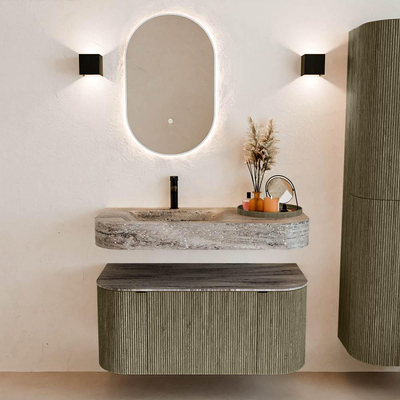 MONDIAZ THOR-DLUX 100cm meuble de salle de bains arrondi gauche + droite couleur Shadow avec 1 tiroir et 2 portes. Vasque suspendue CLOUD Gauche 1 trou de robinet couleur Oza.