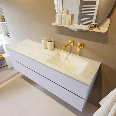 Mondiaz VICA-DLUX ensemble de meuble de salle de bain - 150cm - meuble sous-vasque cale - 2 tiroirs - lavabo encastré cloud droite - sans trous de robinet - version haute de 60cm - opalo