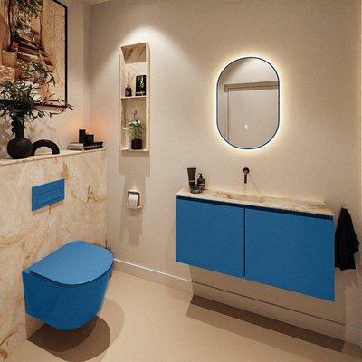 MONDIAZ TURE-DLUX Meuble toilette - 100cm - Jeans - EDEN - vasque Frappe - position centrale - sans trou de robinet