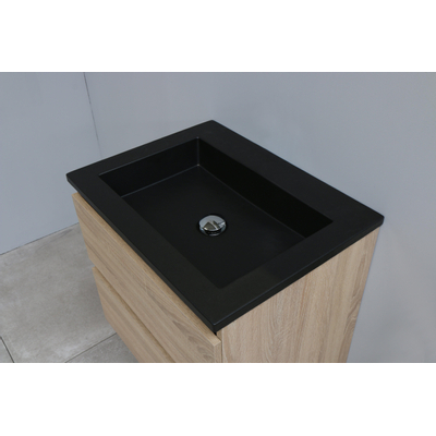 Basic Bella Meuble salle de bains avec lavabo acrylique Noir 60x55x46cm sans trous de robinet Chêne