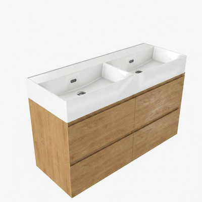 Saniclass Holz Pure Ensemble de meubles de salle de bains - 120x45x72cm - lavabo Legend en céramique blanc - 2 vasques - sans trous de robinetterie - 4 tiroirs - chêne natural mat (bois)