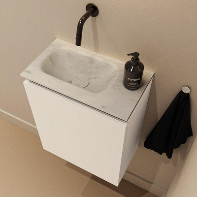 MONDIAZ TURE-DLUX Meuble de toilette 40 cm Talc. EDEN vasque Opalo position gauche. Sans trou de robinet.