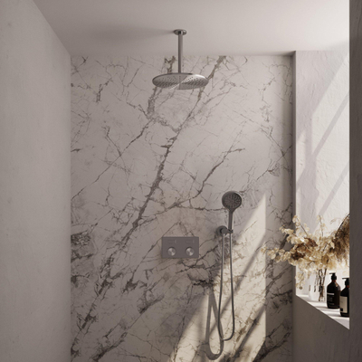 BRAUER Brushed Edition Douche de pluie thermostatique encastrée - boutons-poussoirs - SET 60 - pomme de douche 30cm - bras de plafond - douchette 3 jets - flexible de douche - coude de raccordement mural - inox brossé PVD