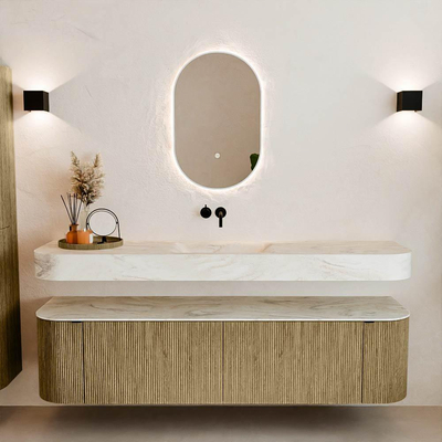 MONDIAZ THOR-DLUX Meuble de salle de bains 180cm arrondi gauche + droite couleur Dusk avec 2 tiroirs et 2 portes. Vasque suspendue CLOUD Milieu sans trou de robinet couleur Ostra.