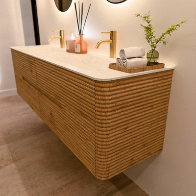 Mondiaz CIRO-DLUX Badkamermeubelset - 170x45x50cm - Solid surface wastafel Opalo - 2 wasbak Dubbel - 2 kraangaten - 4 lades - Oak