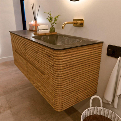 Mondiaz CIRO-DLUX Meuble de salle de bains - 130x45x50cm - Lavabo en solid surface Lava - 1 vasque à droite - sans trous de robinet - 4 tiroirs - Chêne