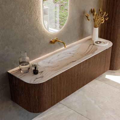 MONDIAZ KURVE-DLUX meuble de salle de bains 160cm arrondi gauche + droite couleur Walnut avec 1 tiroir et 2 portes. Lavabo BIG MEDIUM central sans trou de robinet Nata.