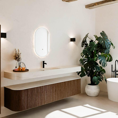 MONDIAZ THOR-DLUX Meuble de salle de bains - 200cm - arrondi gauche + droite - couleur Walnut - 2 tiroirs et 2 portes - Vasque suspendue CLOUD Milieu 1 trou de robinet - couleur Meli