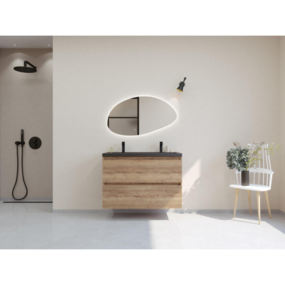 HR badmeubelen Infinity XXL 3D Ensemble meuble de salle de bains - 100 cm - 1 lavabo en céramique djazz noir mat - 2 trous de robinet - 2 tiroirs - chêne français