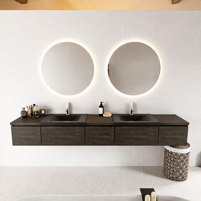 MONDIAZ BUKLA 240cm ensemble de meuble avec module 40 couleur Marron Foncé avec 5 tiroirs. Lavabo CLOUD double 2 trous de robinet couleur Urban.