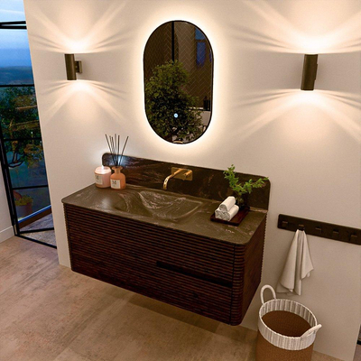 Mondiaz CIRO-DLUX Meuble de salle de bains - 120x45x50cm - Lavabo solid surface Lava - 1 vasque au milieu - sans trous de robinet - 2 tiroirs - Noyer