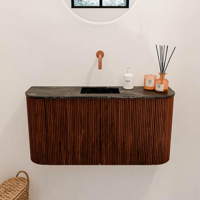Mondiaz JOYA-DLUX 83.2cm toiletmeubel - ronding links en rechts kleur Ruby - Wastafel FAYE positie Midden Zonder kraangat kleur Lava.
