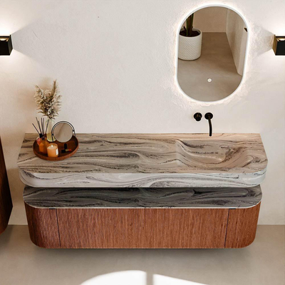 MONDIAZ THOR-DLUX 170cm meuble de salle de bains arrondi gauche + droite couleur Ruby avec 1 tiroir et 2 portes. Vasque suspendue CLOUD Droite sans trou de robinet couleur Sombra.