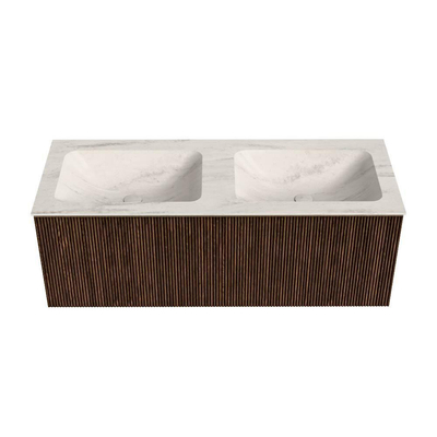 MONDIAZ KURVE-DLUX 120cm badmeubel kleur Walnut met 1 lade en 0 deuren. Wastafel LEAF Dubbel 2 kraangaten Meli.
