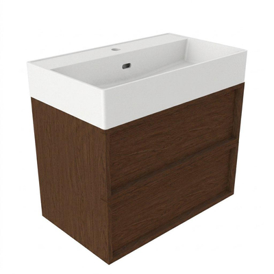 Saniclass Holz Frame Ensemble de meubles de salle de bains - 80x45x72cm - Legend lavabo en céramique blanc mat - 1 vasque - sans trou de robinet - 2 tiroirs - noyer pure mat (bois)