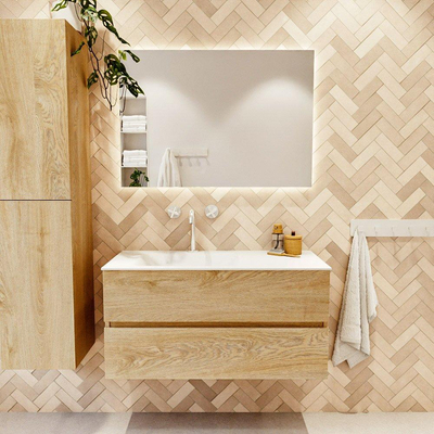 MONDIAZ VICA meuble sous lavabo 100cm Chêne blanchi 2 tiroirs. Lavabo CLOUD gauche 1 trou de robinet, couleur Talc.
