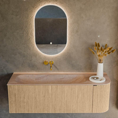 MONDIAZ KURVE-DLUX meuble de salle de bains 135cm arrondi à droite couleur Chêne avec 1 tiroir et 1 porte. Lavabo BIG MEDIUM à gauche sans trou de robinet Saba.