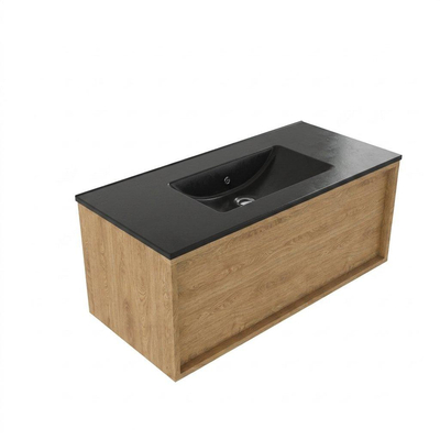 Saniclass Holz Frame Ensemble de meubles de salle de bains - 100x45x42cm - lavabo Vygo en céramique noir - 1 vasque - sans trou de robinet - 1 tiroir - chêne natural mat (bois)