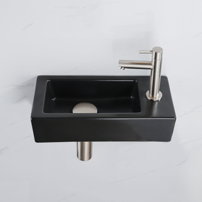 QeramiQ Lave-mains Kit lave-mains - 37.5x18.5x9cm - céramique - trou de robinet à droite - robinet lave-mains en inox brossé - bonde de vidage - siphon abaissé - Mat Noir