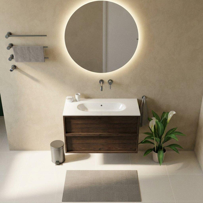 Saniclass Holz Frame Ensemble meuble de salle de bains - 100x45x73.9cm - Vasque en céramique Chaci blanche - 1 lavabo - sans trou de robinet - 2 tiroirs - chêne charcoal mat (bois)