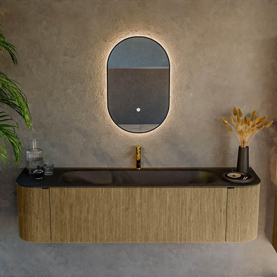 Mondiaz KURVE Ensemble de meuble salle de bain - 170x46x40cm - 1 tiroir - 2 portes - lavabo en solid surface - milieu - 1 trou de robinet - Dusk