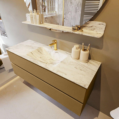 Mondiaz VICA-DLUX Ensemble de meuble de salle de bain - 130cm - meuble sous-vasque oro - 2 tiroirs - lavabo encastré cloud milieu - 1 trou de robinet - version haute de 60cm - glace