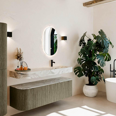 MONDIAZ THOR-DLUX 150cm meuble de salle de bains arrondi gauche + droite couleur Shadow avec 1 tiroir et 2 portes. Vasque suspendue CLOUD Droite 1 trou de robinet couleur Glace.