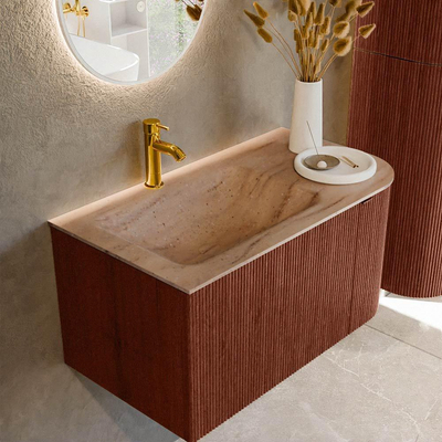 MONDIAZ KURVE-DLUX Meuble de salle de bains 85 cm arrondi à droite couleur Ruby avec 1 tiroir et 1 porte. Lavabo CLOUD à gauche 1 trou de robinet Saba.