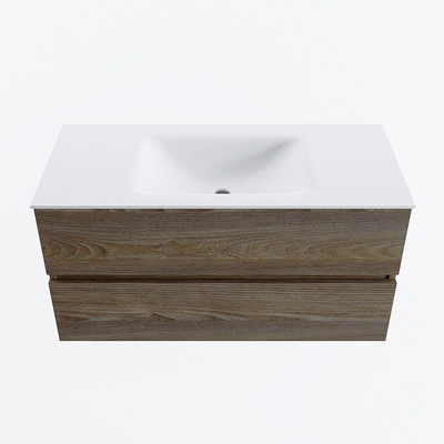 Mondiaz VICA Ensemble de meuble de salle de bain - 100cm - meuble sous-vasque marron foncé gris - 2 tiroirs - lavabo nuage milieu - 1 trou de robinet - version haute de 60cm - talc