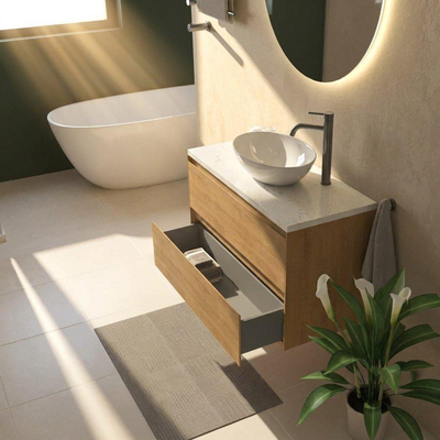 Saniclass Holz Pure Ensemble de meubles de salle de bains - 100x45x63cm - Plan vasque en marbre Dia poli (blanc) - 1 trou de robinetterie - 2 tiroirs - chêne natural mat (bois)