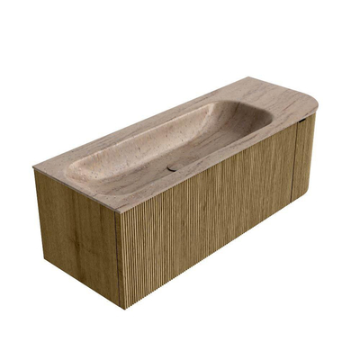 MONDIAZ KURVE-DLUX meuble de salle de bains 125cm arrondi à droite couleur Dusk avec 1 tiroir et 1 porte. Lavabo BIG MEDIUM à gauche sans trou de robinet Saba.