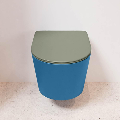 Mondiaz LAVIE hangtoilet – spoelrandloos – 36 x 53 cm – met softclose zitting – Jeans (blauw), zitting Army (groen)