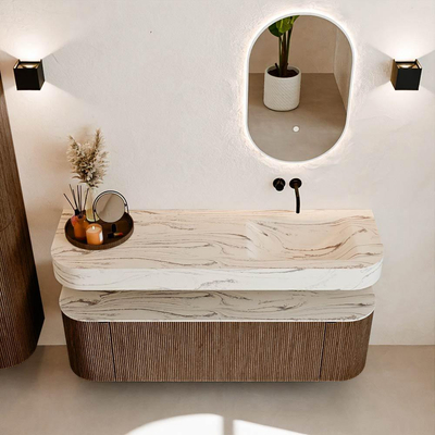 MONDIAZ THOR-DLUX 150cm badmeubel ronding links + rechts kleur Walnut met 1 lade en 2 deuren. Vrijhangende wastafel CLOUD Rechts zonder kraangat kleur Nata.