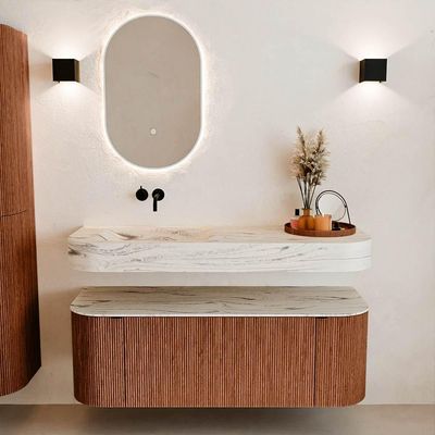 MONDIAZ THOR-DLUX 130cm meuble de salle de bains arrondi gauche + droite couleur Ruby avec 1 tiroir et 2 portes. Vasque suspendue CLOUD Gauche sans trou de robinet couleur Nata.