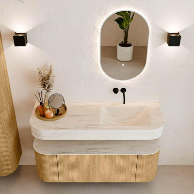 MONDIAZ THOR-DLUX 130cm badmeubel ronding links + rechts kleur Oak met 1 lade en 2 deuren. Vrijhangende wastafel CLOUD Rechts zonder kraangat kleur Meli.